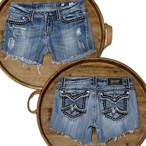 Miss Me Irene Custom Cut Off Denim Jean Shorts Distressed Upcycled Sz 31